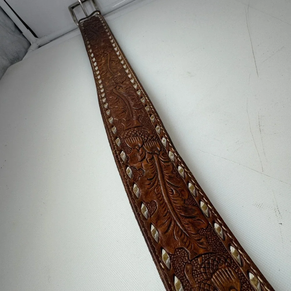 Vintage Tony Lama Belt Men 34 Brown Floral Tooled Leather Laced Trim Western